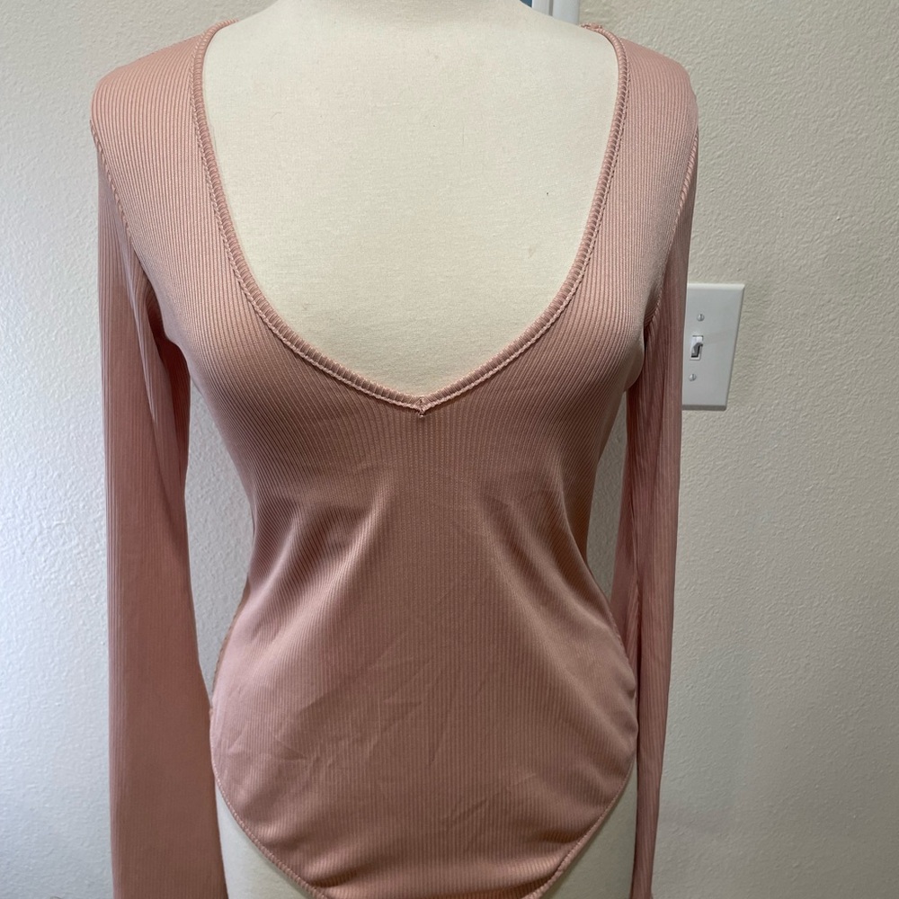 Free People Blush Ribbed V-Neck Bodysuit